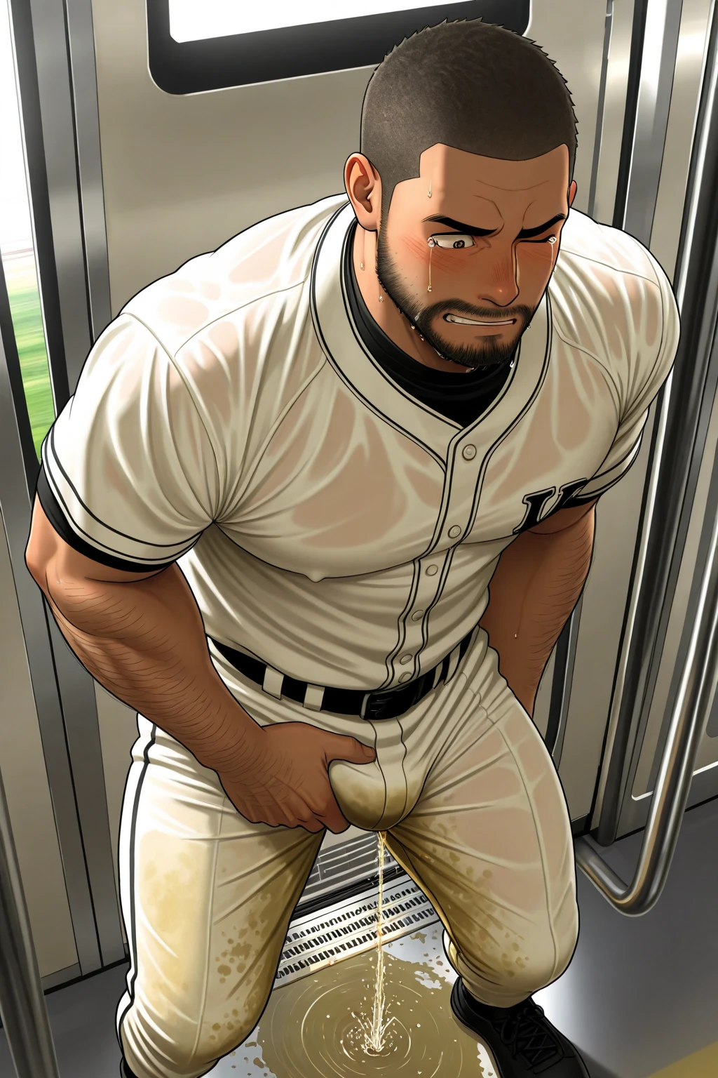 40-year-old boy ,Korean bulky male officer stained sweaty white police uniform shirt............ bright yellow sexy man underwear, stained sweat sticky wet..................,legs wide open, legs on shoulder, missionary POV, men drooling, drenching sweet, 