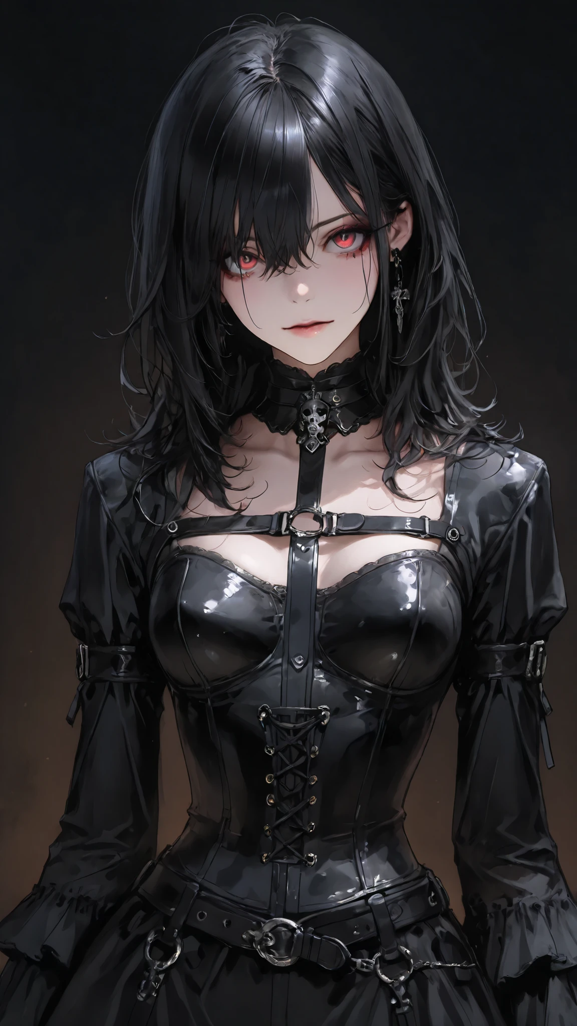 high res , masterpiece, anatomically, top quality, high res model, High Details, Anatomically anatomically, Norman Rockwell & Tim Burton style、Watercolor touch、 Edward Scissorhands、Black Leather Outfit、skinny, Cute Girl、Alone, dark background 、 Fantasy shot mirrorless camera for Nikon Z7 II、 horror、 darkness、Gothic、A girl is playing with a stuffed animal,