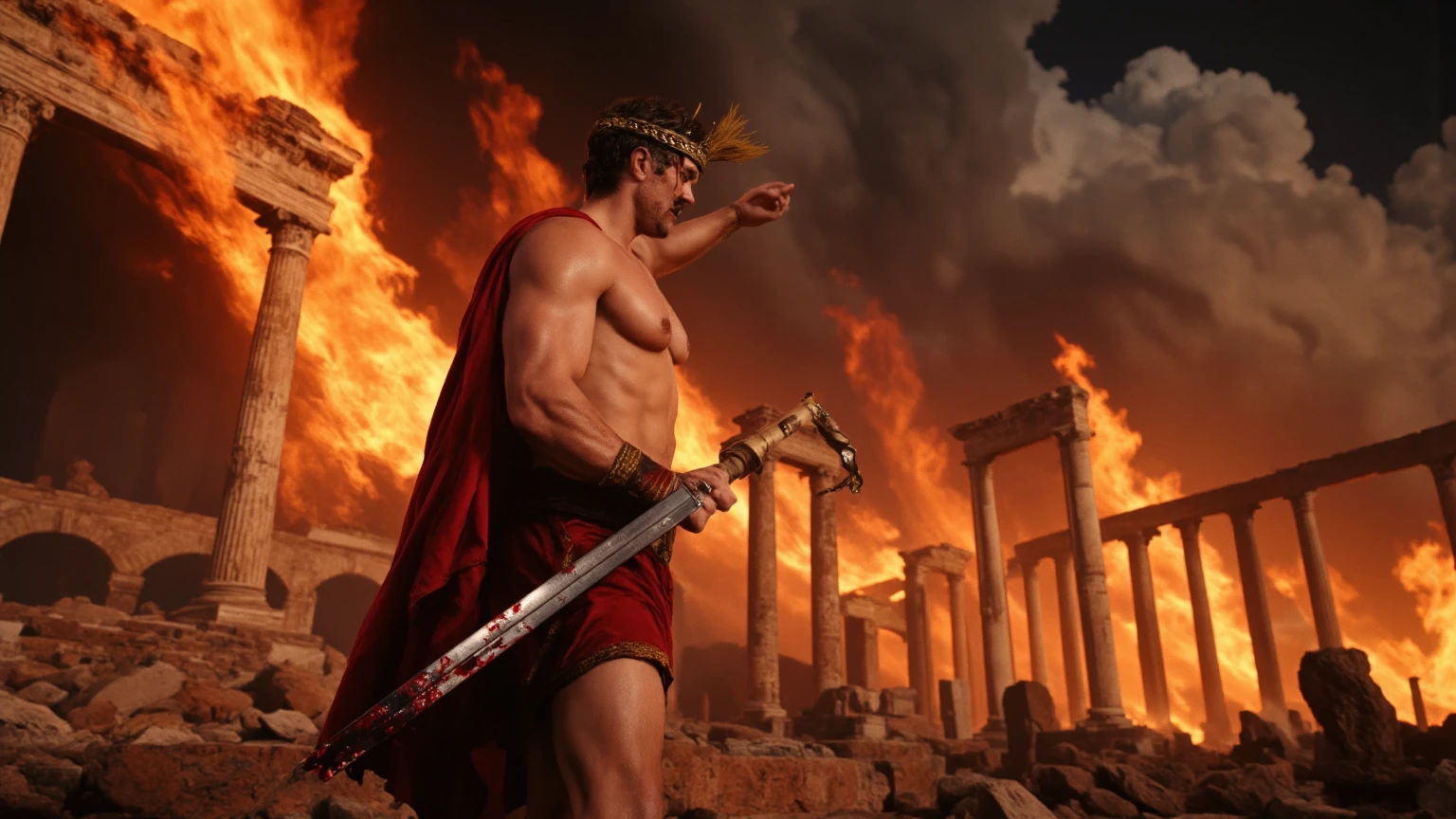 masterpiece, detailed, intricate, epic fantasy, colorful, full body, slight angle, man, 40 years old, hulking, brawny, fitted, ankle wraps, very hairy torso, fine detailed, running, intense action, dynamic juxtaposition, skimpy revealing slavery outfit, receding hairline, smirk, gladiator, with a sword, blades, big ancient city on fire in the background, pointing away, depth of field, particle effects, high quality shadows, intense action