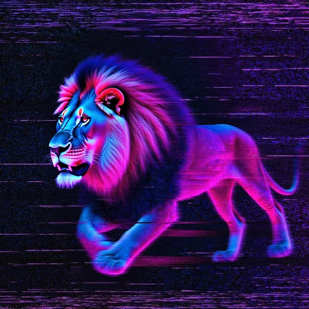 Black silhouette of realistic lion looking sideways in neon circle Add name manhattan city sushi 