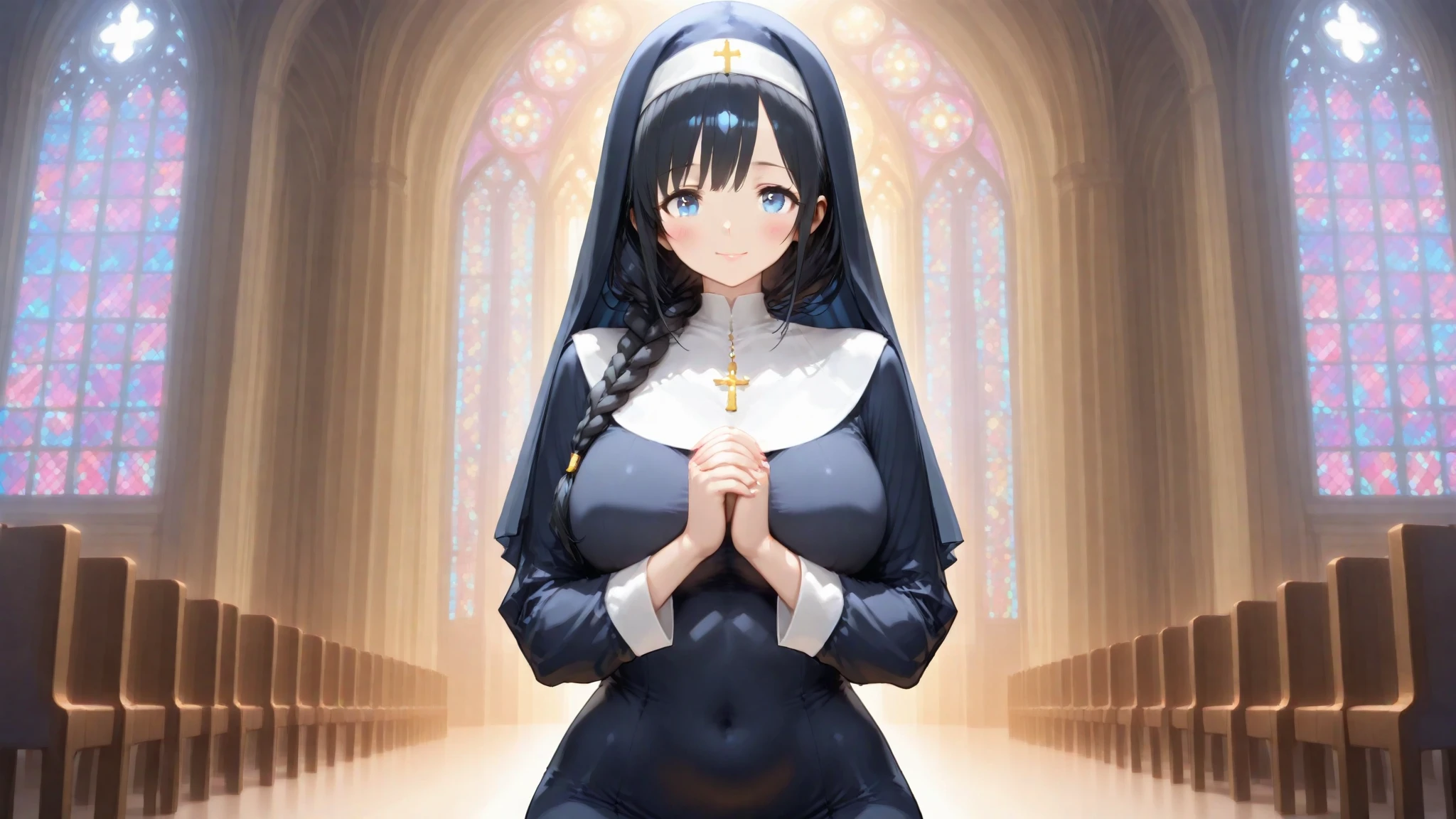 巨作, Best Quality, formal art, professional artwork, highres, lens flare, (vibrant_color:1.2), cg, (A highly detailed), 8k, 4k, perfect face, perfect eyes, A girl, 独奏, smile, closed mouth, breasts, looking at the scenes, big breasts, long-sleeved, white dress, closed mouth, covered , frown, Hands together, nun, Sides of their hands, habit, frontal view, (from below:1.5), Detailed hips, sitting on bed, Hotel Room, blush