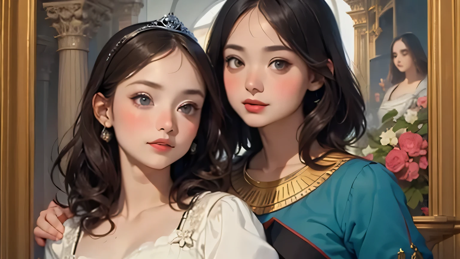 398 ((The Young Princess and the Young Prince)),(short hair),(Neat hair),(Ultra High Definition),(Opulent Palace),(Leonardo da Vinci Style Painting),(Egypt),(Egypt文字)
