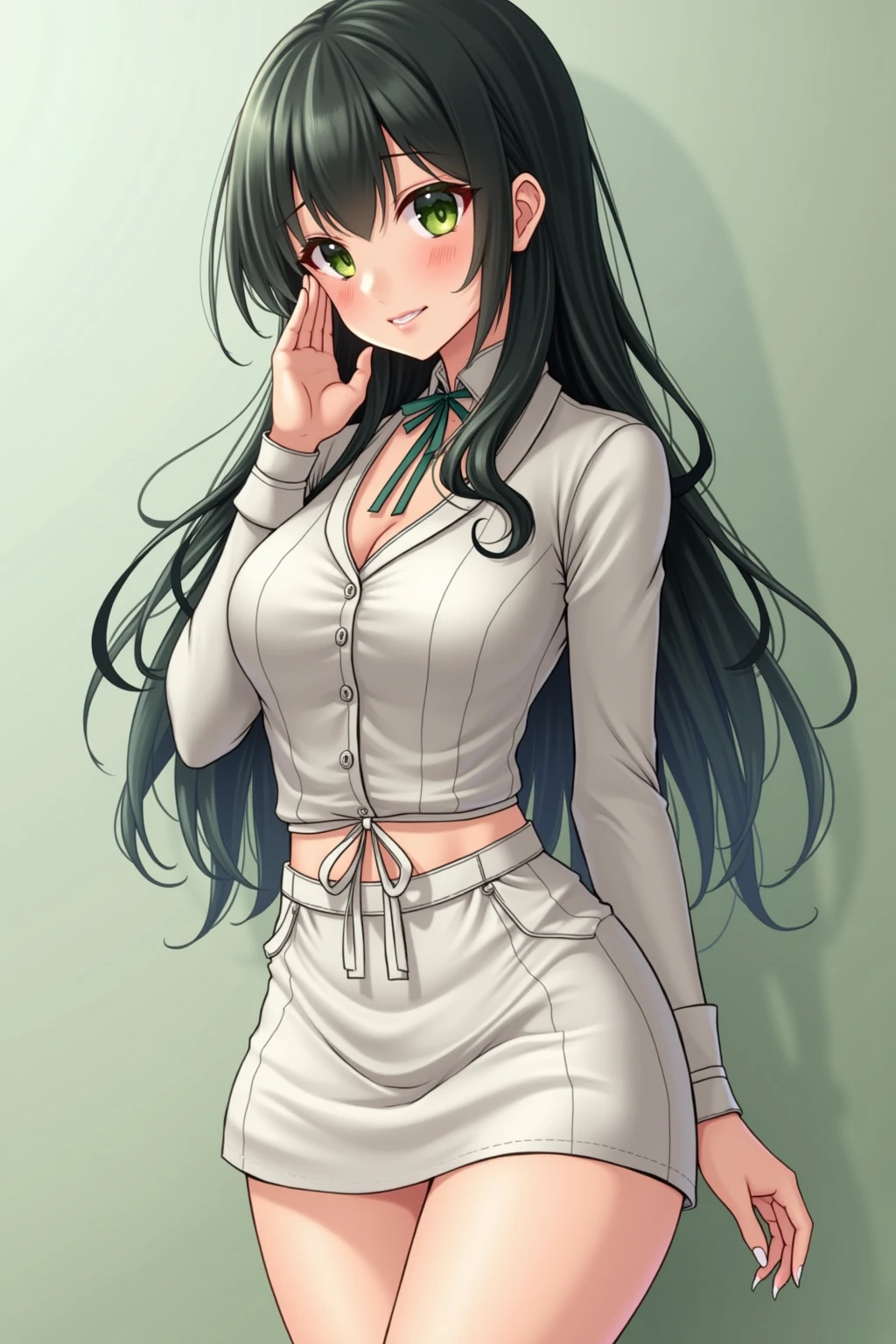 (Artwork, best quality: 1,2), 1 girl, Alone, standing_Split, green eyes, black hair, long hair, no panties