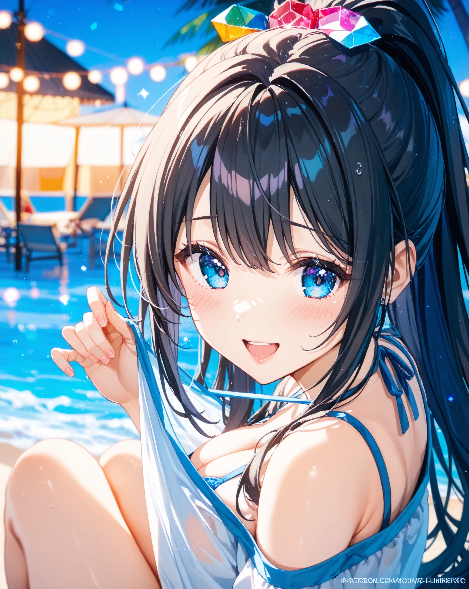 ((masterpiece)), ((best quality)), (ultra-detailed), pool, night, a cute girl, 1girl, solo, bikini, ((beautiful eyes)), smile