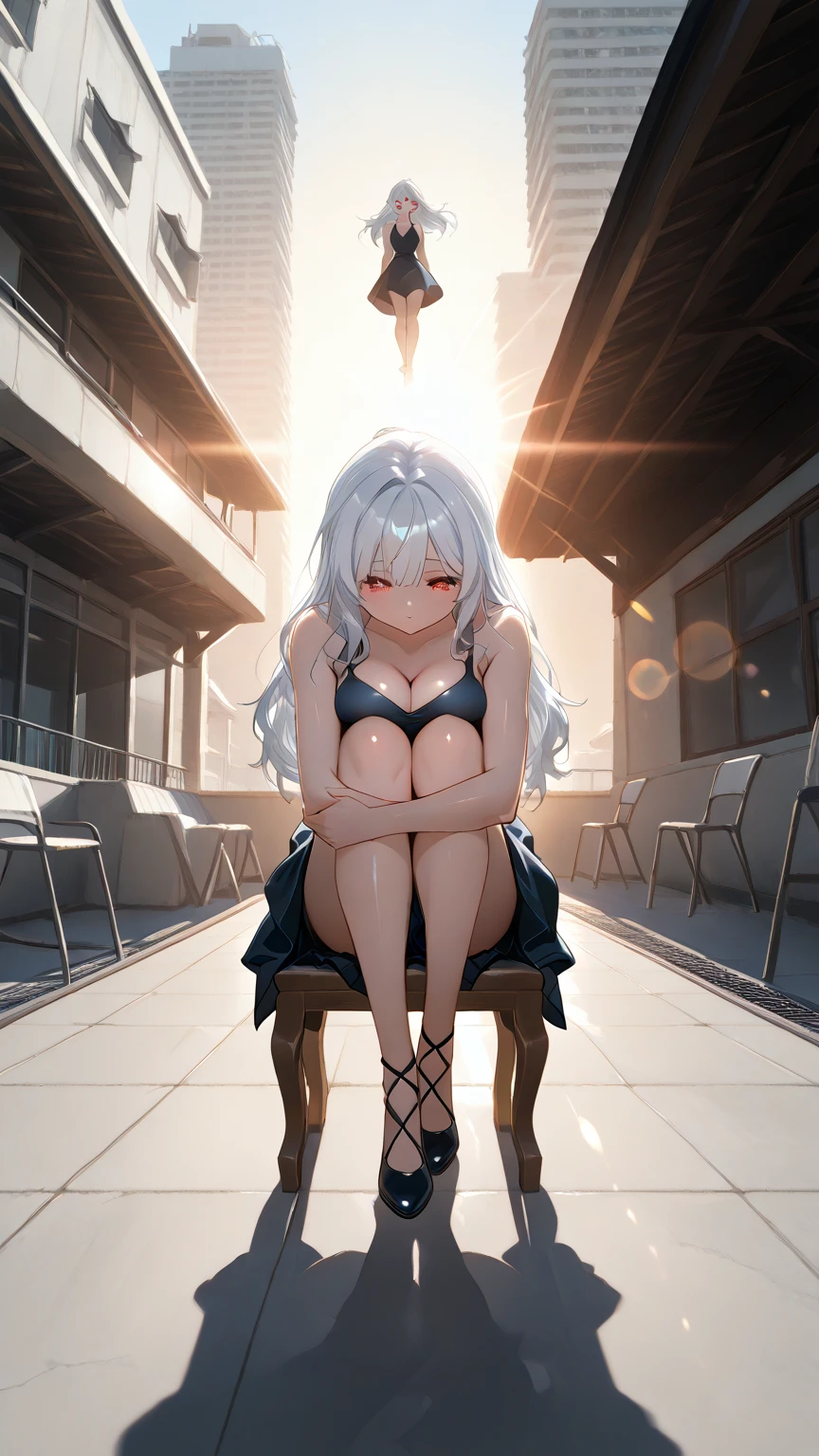 masterpiece, best quality, ultra high res,photon mapping,best shadow,portrait,beauty detail,fantasy, long silver hair, red eyes, ultra high detail, large breasts, short dress, looking at viewer,solo,feet, foot focus, from below, sole, femdom, sandals, sitting, leash, crossed leg