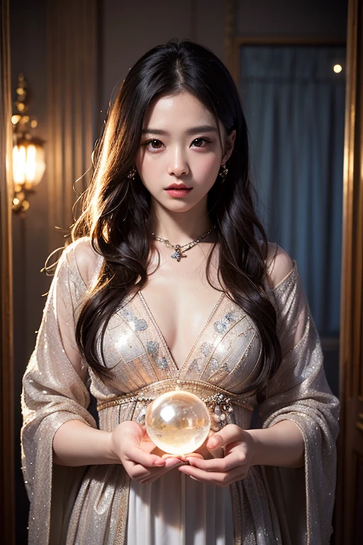 ((1girl)), short dark hair, wavy hair,glowing skin, mouth closed and expressionless, sitting, with her hands holding a glowing orb while two other glowing spheres orbit around her,