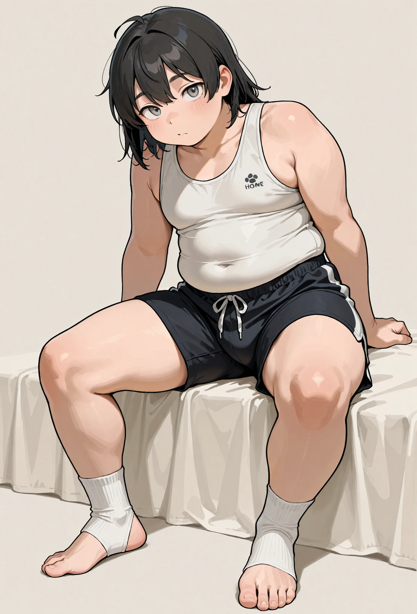 ((androgynous)), ((boyish)), chubby, (very short hair), (pudgy face), (thick), overweight, beefy, (cute), (little brat), (naughty brat), (belly button), Chubby body, Sweaty body, (Smelly body), (moobs), (Obese man like female breasts), (Tank top), (sexly), (Sitting), (naughty smile), (eyelashes), (yaoi), (Her big belly is sticking out of her clothes)