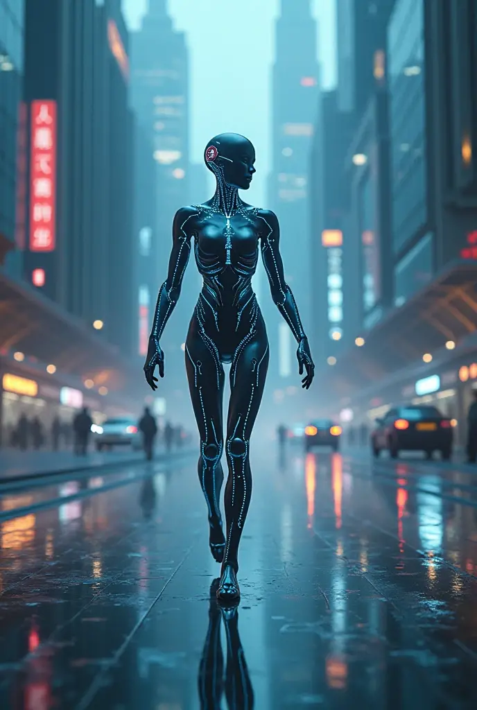 A cyborg girl is jogging down the street of a big city, passersby watching her with interest, high quality, Absurd, Masterpiece, Beautiful, complex parts, 1/2 body crops, slender body, Beautiful figure, Magnificent Anatomy, (complex parts:1.12), HDR, (complex parts, hyper detail:1.15), (natural skin textures, Hyperrealistic, soft light, Spicy:1.2)