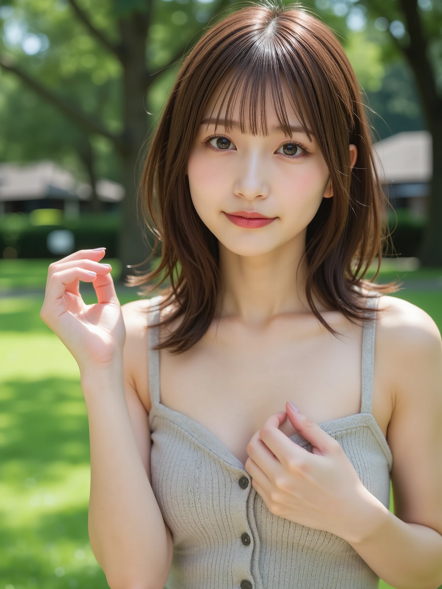 8k, RAW Photos, Fujifilm, Analog style photo of beautiful young woman Avril  In the pale pink rose garden (Highly detailed skin:1.2) Style - Petals Break
, Brown hair with colored stripes, Blunt bangs, Wearing a dress, Film Grain, 35mm, Cute Style,  close, Raise the hand, huge shy smile , random cute pose
