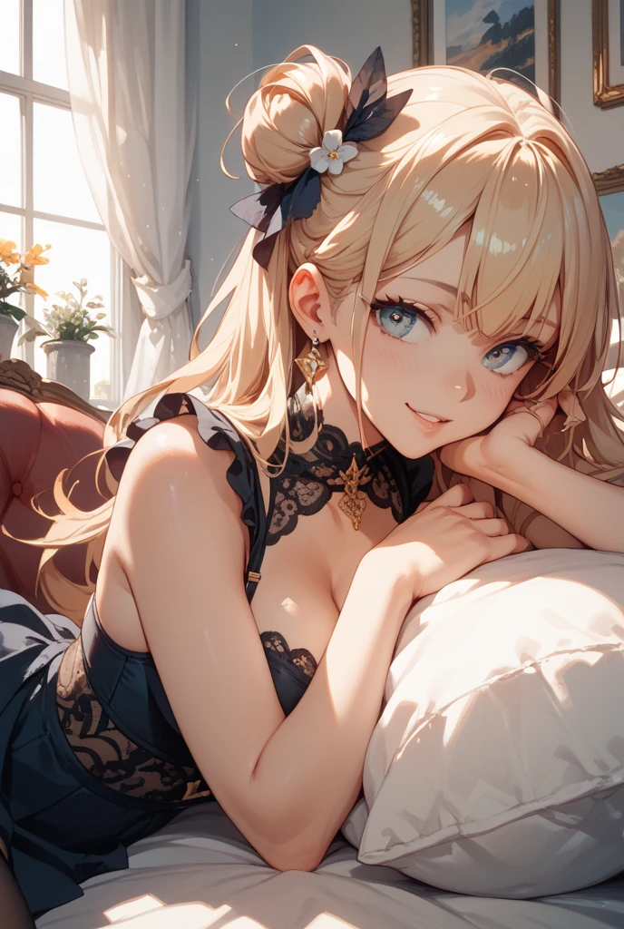 (Best Quality,High resolution,8K,finelity detailed background,Masterpiece:1.2),beautiful girl,Shiny khaki hair,messy hair,Khaki Eyes,Gentle look,A refreshing look,Best quality,Best Quality,Aesthetic and aesthetic:1.2,Best details((Super detailed))(High-definition CG illustrations),Glamorous black underwear (black,intricate lace),Slender body,night,Moonlight,Bedroom,On the bed,smile,blush,cute,Scrounge,Looking up,Being spoiled,super model,wariza,shoot from below