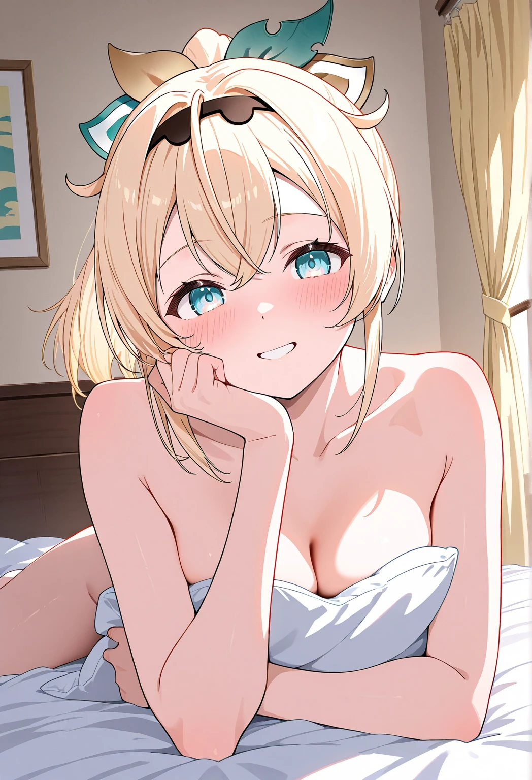 (masterpiece:1.2), (highest quality:1.2), perfect eyes, perfect face, perfect lighting, middle ages, bed, 1 boy,blonde　aqua eye, ((((((hair over one eye)))))), Braid Styles, spiked hair, blunt bangs, bob hair, a braid, Ahoge, ((((????)))), cute eyes, medium ??????, ((glaring)), open mouth, ((from above)), ((front)), arms behind back, Vivid depiction, ((???????????)), ??????, scared, , abs, ((??????)), smile+happy, fang, spoken heart, Cat ear, crying face, man's ?????