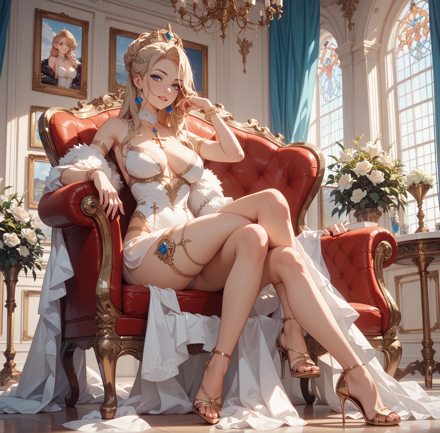 (best quality). (Ultra Detalhado). (1girl), Olhando para o Viewer. (Antecedentes detalhados). belos olhos detalhados. rosto delicado e bonito. (high saturation), seios grandes, droopy breasts, (((sexy miss universe blue dress))), (((long legs))), (((blue lingerie))),