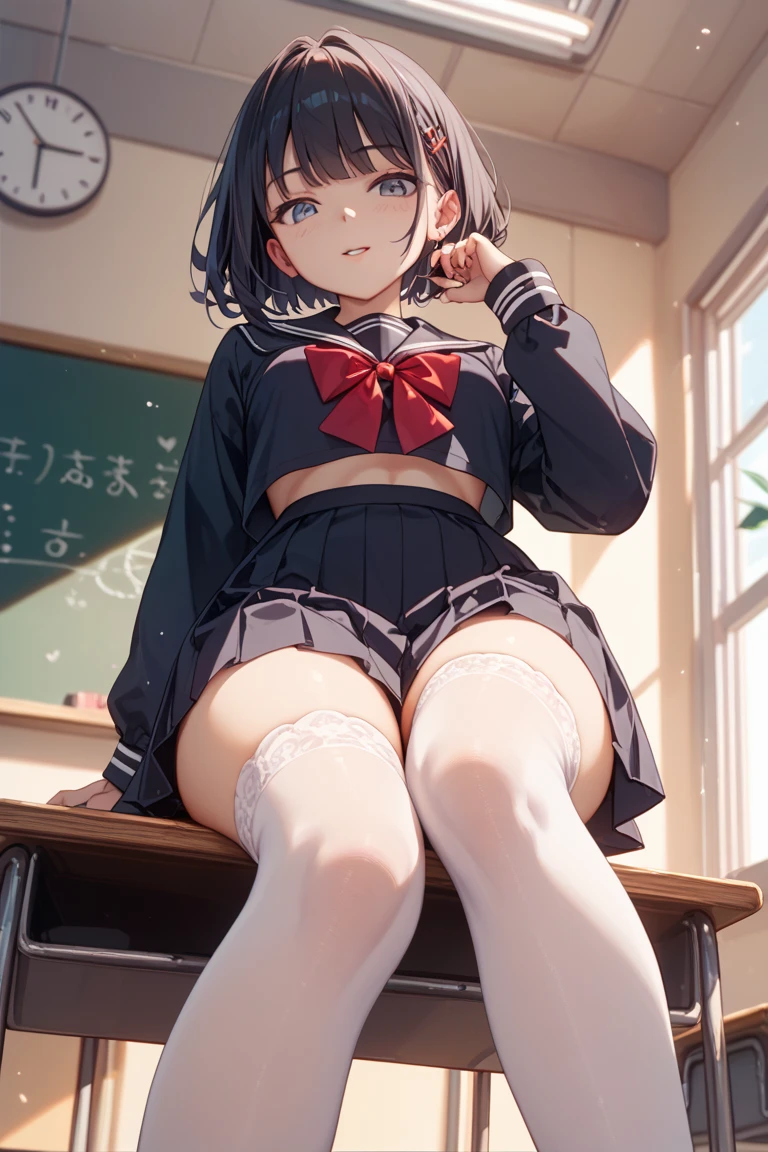 nsfw,alone, (One girl), Junior high school girl,single, (wearing only the top half of sailor school uniform), Sailor with un-folded hems, sexy, (Cowboy Shot), ((Put your arms behind your head)), classroom, With a girl:Her hair is long and black, Her face is round and cute, Black Hair, Low twin tails,(Shy, Embarrassing),(Sit on a chair)、Spread your legs、((White panties)),M-shaped legs、(pussy cameltoe:1.0)、