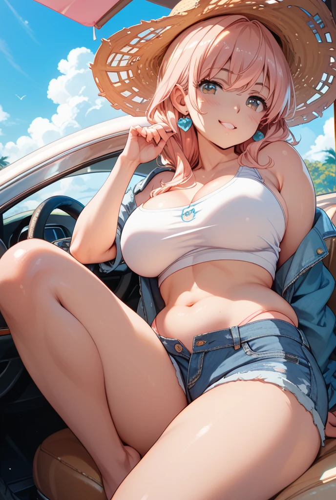 realistic image, detailed image, coherent image, 1 beautiful girl, she has very long hair, pink hair, light blue eyes, she is wearing hair accessories with bows in the shape of blue and yellow cubes, she is wearing a bra bath, thin thong bath slippers, She has a curvy body, large breasts and thick thighs, She is lying sensually on the sand, arching her back, you can see a beach in the background, palm trees and waves, sunset, twilight, Soft focus, full body view, Dramatic shadows, Volumetric lighting, natural lighting,hitori
