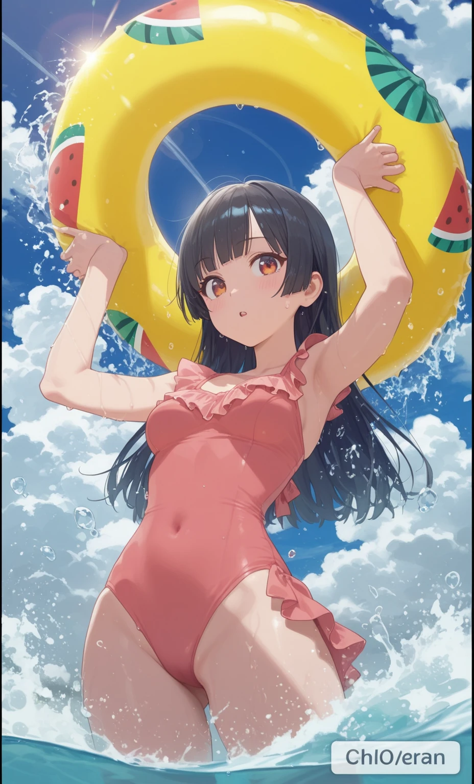 1girl、Eating a popsicle、Black Hair、Pigtails、Navy blue school swimsuit、Brown Skin、Red polka dot swim ring、Red underwater goggles、Ocean、Perfect hands、deep faint light 、 detailed CG、high resolution
