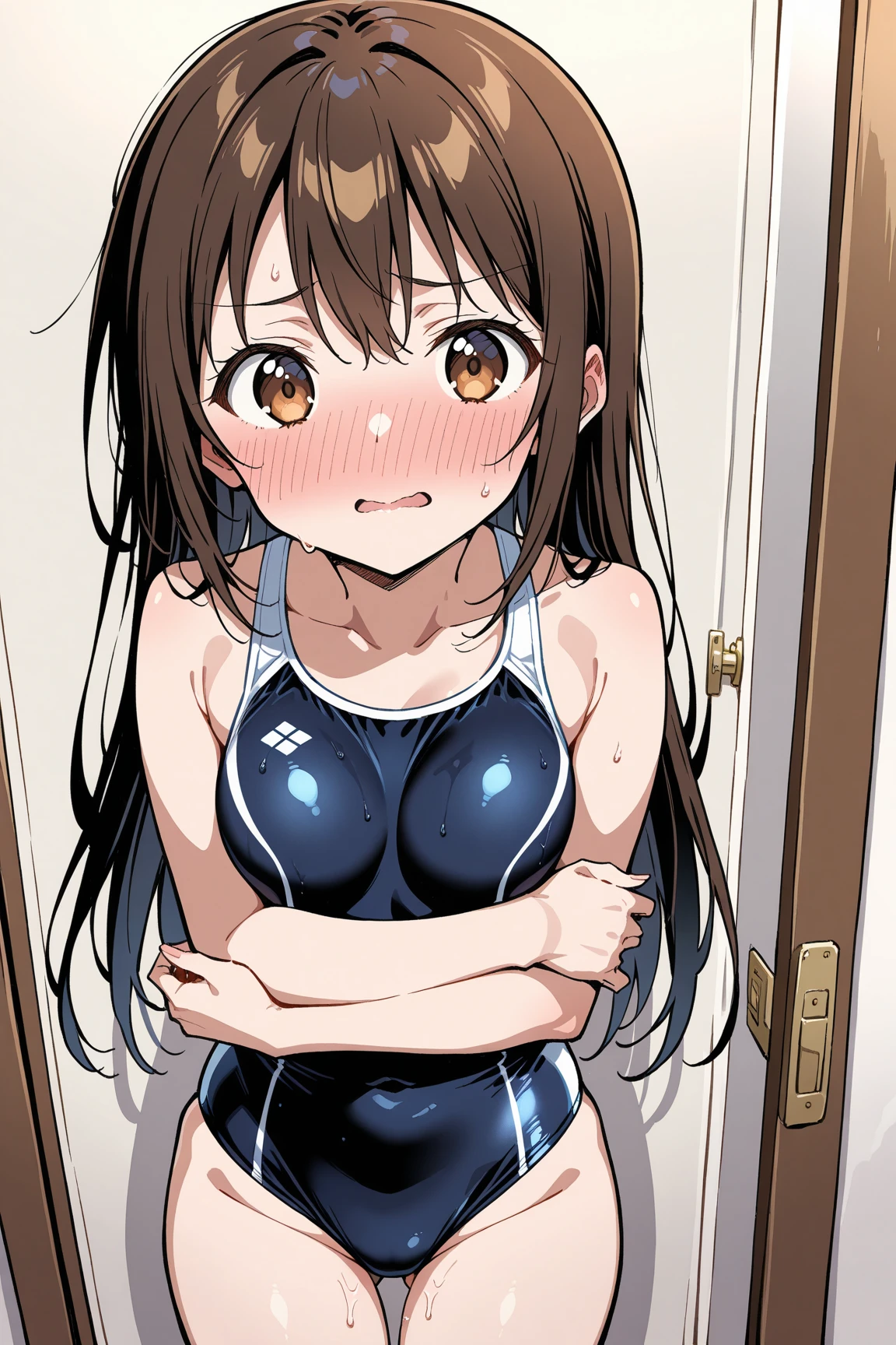 (masterpiece:1.3), (ultra detailed:1.2), beautiful detailed eyes, ultra-detailed,
ceiling, sit astride, girl on top,
very long twin tails, brown hair,
flat_chest, curvy
((school swimsuit)), Highly detailed glossy skin, Dark blue one-piece swimsuit, (Swimsuit with wet and shiny details: 1.2),
Wet and shiny thighs, evil grin, Crab crotch, Extensive_feet,