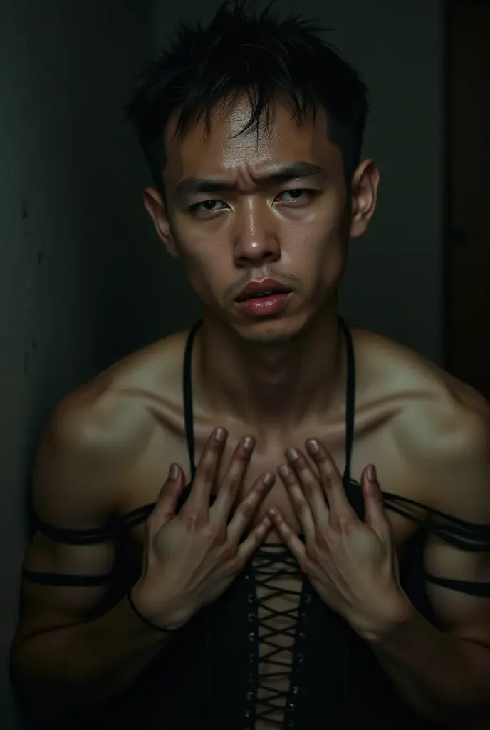 1boy、Handsome Men、Japanese male, 、Completely naked、Full nudity、erection、Huge penis、Slim body、Highest quality、Realistic、beautiful、Sad look、 ((((Completely tied up with rope)))), ((((A very tight rope is crisscrossed over the chest)))),(((Body bound with tight rope)))、whole body、Surrounded by old people、night、Dim lighting、darkness、Inside the movie theater