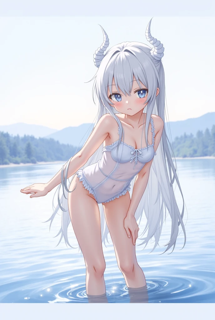 White color hair, Pink front hair, nakeness, chest visible, Blue pattern, pink glowing eyes, Bathe by the lake, standing in water， White fur, Fox girl, coda, Smile, Blushlush, is shy, surrealism, shaggy, waterface，tit，drippy，liquids，Lie on the table with your legs spread out，To be inserted， Turn Back，8K, Super detail