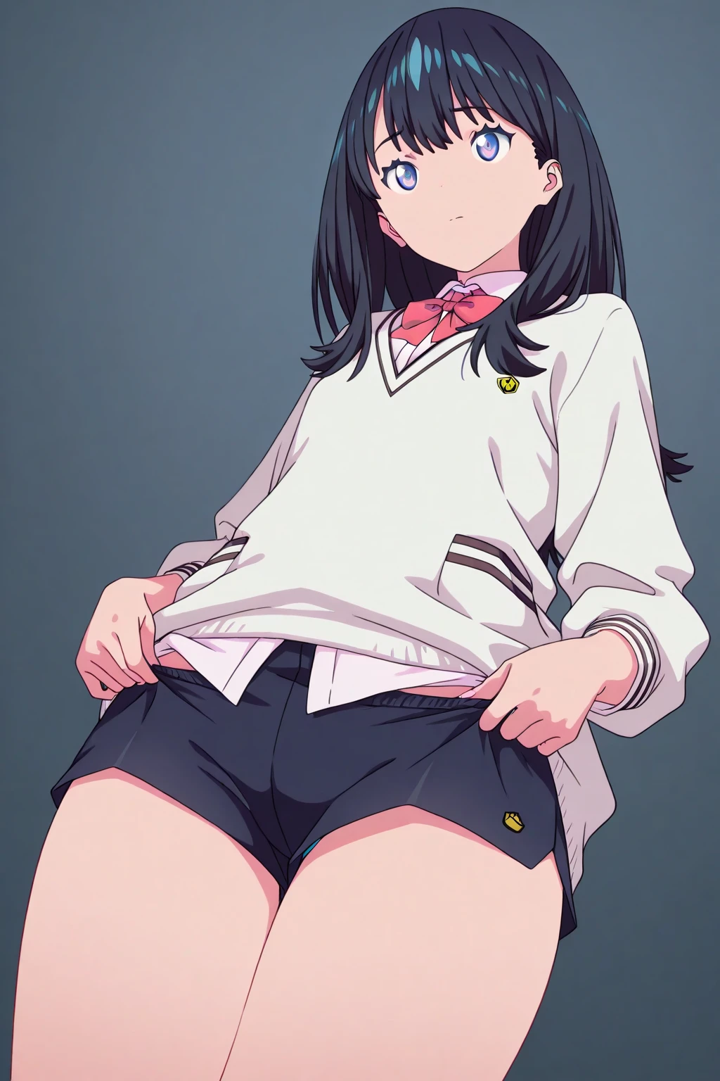(Perfect b○dy),highest quality,16k、Masseter muscle part、(NSFW)、(((blush)))、((((embarrassing))))、:○、((((surprised))))、Tree Fe○lumes、parted bangs、(blue eyes),((dark blue hair)),(Sweat)、(big ass)、n○rmal chest、((thick thighs))、(light blue striped panties)、、white shirt、Navy blue kirts twisted by the wind)))、Hand next t○ y○ur head、(In town)、Are standing、