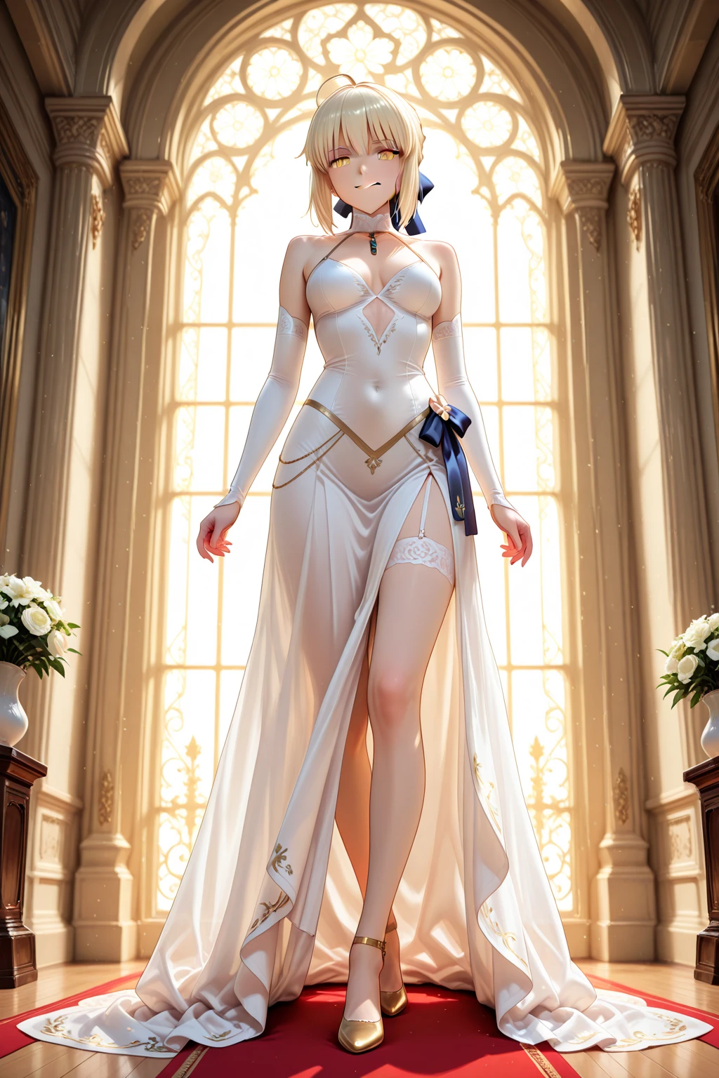 Anime style, super fine illustration, highly detailed, beautiful detailed, pale tone image, static representation, gentle expression, 8k, pretty 1girl with blonde straight short hair & blue eyes & a bright smile & full bust & soft fair skin is wearing the wedding dress in the church, brilliant particles of lights, romantic stories, solo, perfect 5fingers, perfect arms, perfect legs, masterpiece.