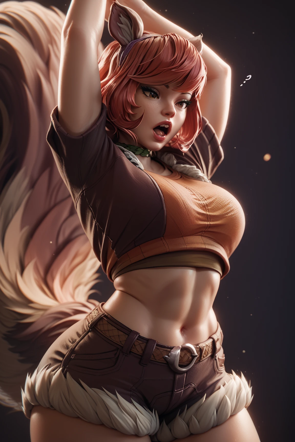 ((masterpiece,best quality)), Brown skin, yellow eyes, short red hair, halter top, shorts, squirrel ears, squirrel tail!, big breasts, big hips, hair between eyes, hair flares out, 1girl, solo, brown-skinned female, red-haired female, front view
