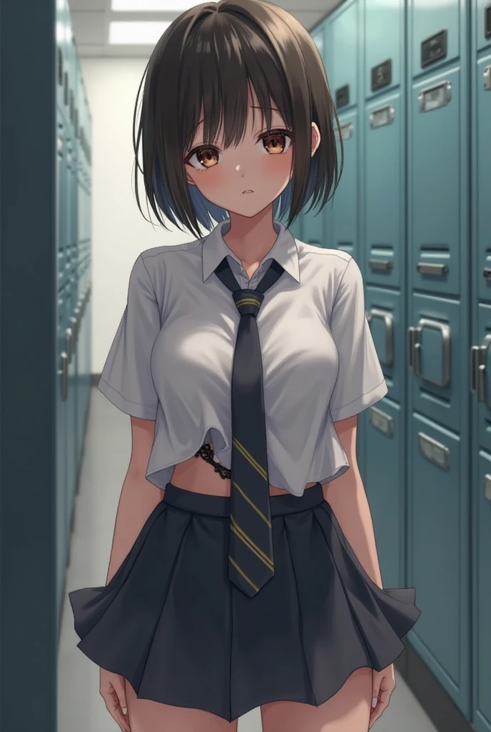 (1 woman), short bob, 18 years old, Japanese, brown eyes, brown hair, slim, (flat chest), high school girl, classroom, summer uniform break at school. Blouse was transparent and bra was visible. Black bra