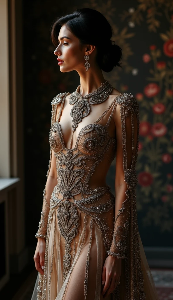 ((最大16K解像度のmasterpiece:1.6)),beautiful,Highest quality,Absolutely wonderful,Very detailed,Ultra-high resolution,masterpiece,Realistic,Realistic,Increased depth of field,Cinematic Light, 
One elegant mature woman, Long black hair,精巧なディテールのbeautiful顔,Face with a gentle expression,Transparent white skin,Very delicate skin texture,Great proportions,Glamorous Body,Anatomically correct body, 
high slit dress,Gorgeous colors,Gorgeous and detailed pattern,Beautifully detailed pattern,Detailed cloth texture,
((Dark Background:1.5)),((Dramatic Angle:1.3)),