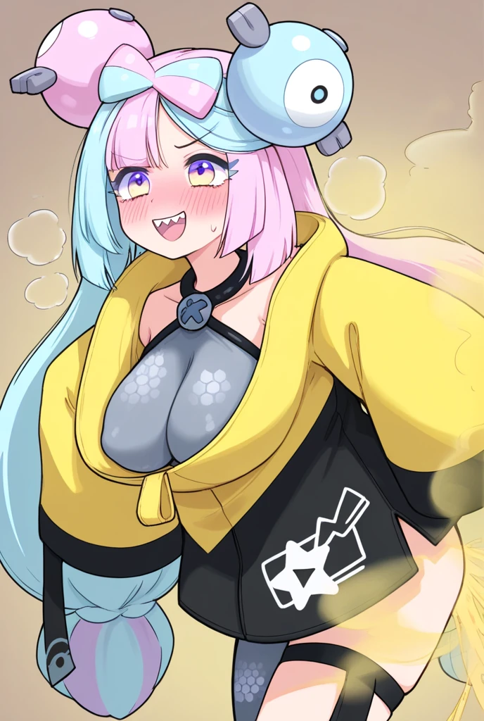 Furry, fox female furry, big nipple, chubby, pink coloured hair, light blue coloured body fur, gold coloured tail, fluffy light blue coloured ear, fluffy gold, pink and light blue coloured big tail, light blue and gold kimono with flower pattern, laying on bed, hugging her own breast
