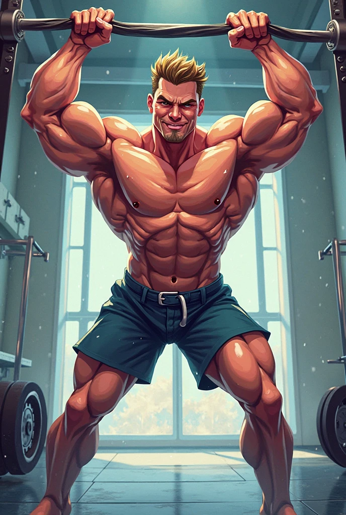 Muscular athlete, bare chest, lower body uncovered from thighs to feet, long flowing curls, meticulous muscle definition, lifelike portrayal, 4K quality. Background: Modern gym with exercise equipment and mirrors,32k uhd, best quality, masterpiece, super detail, high details