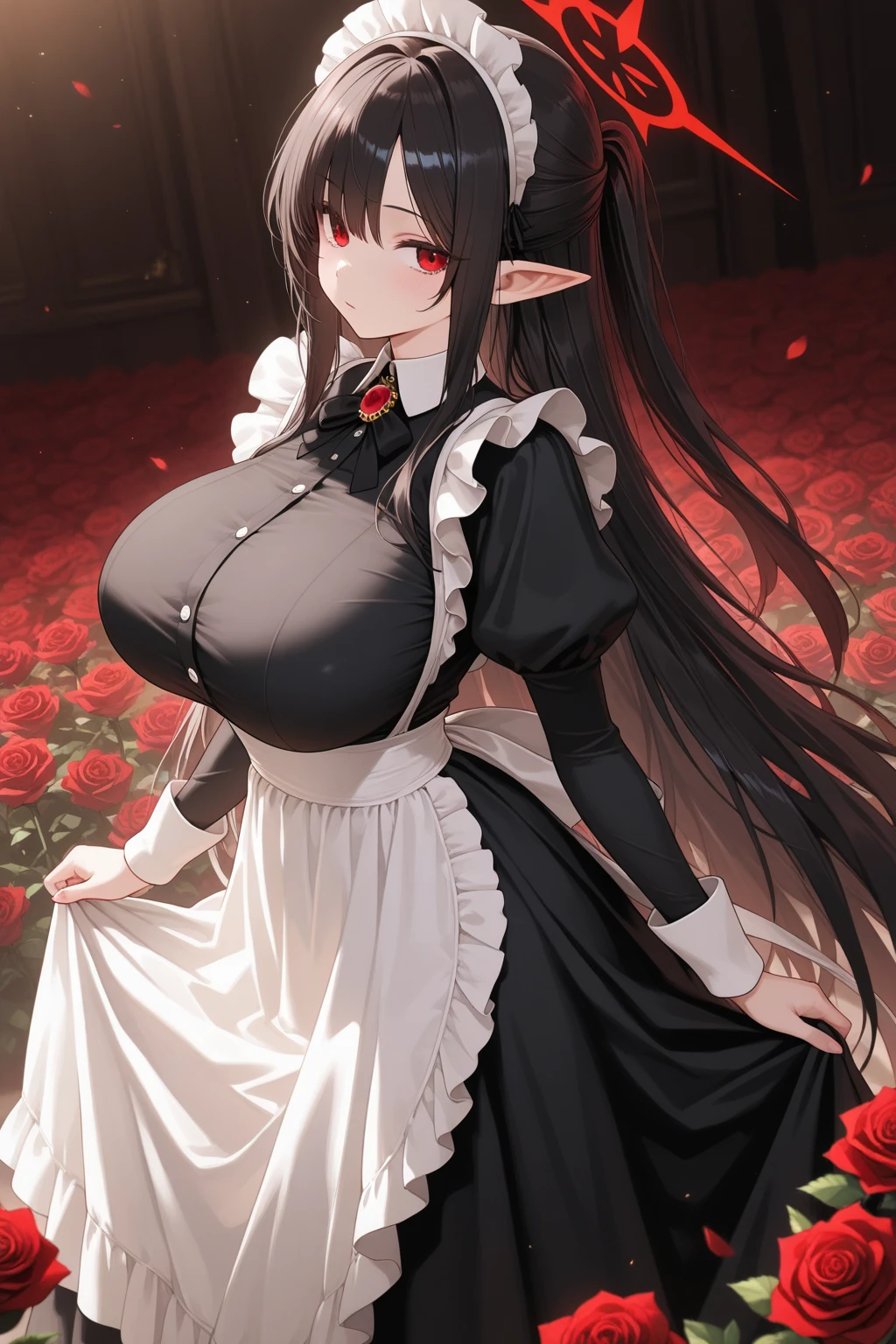 A black dragon woman maid, wears a short maid dress with red ruffles showing her panties, has super big breasts, has long, messy black hair, has emerald green eyes, has a dragon's horn, dragon's wings and a dragon's tail.