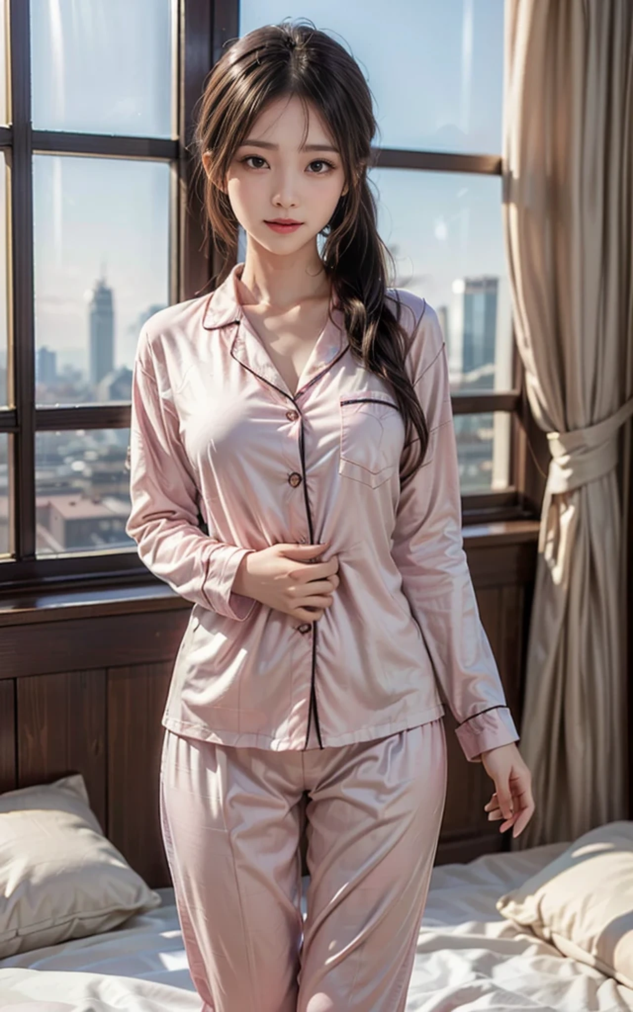 in a bedroom with a bed, (Pink Theme:1.4), (Tucked-out tweed pajamas:1.3), (Long sleeve:1.2), (short culottes:1.3), (Bare legs:1.2), bangss、s lips、without makeup、short eyelashes、watching at viewers、A smile、Photorealsitic、high-level image quality、masutepiece, Best Quality, 8K, Beautie、Fine details
