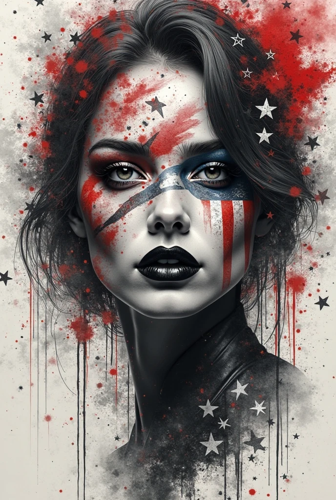 highly detailed, 4k, a black and white painting of a sexy woman face away looking at the American Flag with red paint splatters, , with a black and white background, Carne Griffiths, incredible art, graffiti art, modern european ink painting,, (dada style), highly detailed, dark fantasy, digital painting, chaotic mage trying to hide his powers, blue sparks, realistic lighting, realistic reflections, masterpiece, great art, high quality, super detailed, best quality, award-winning, 8k award-winning, professional, by (carlos kafu bazan), vibrant,