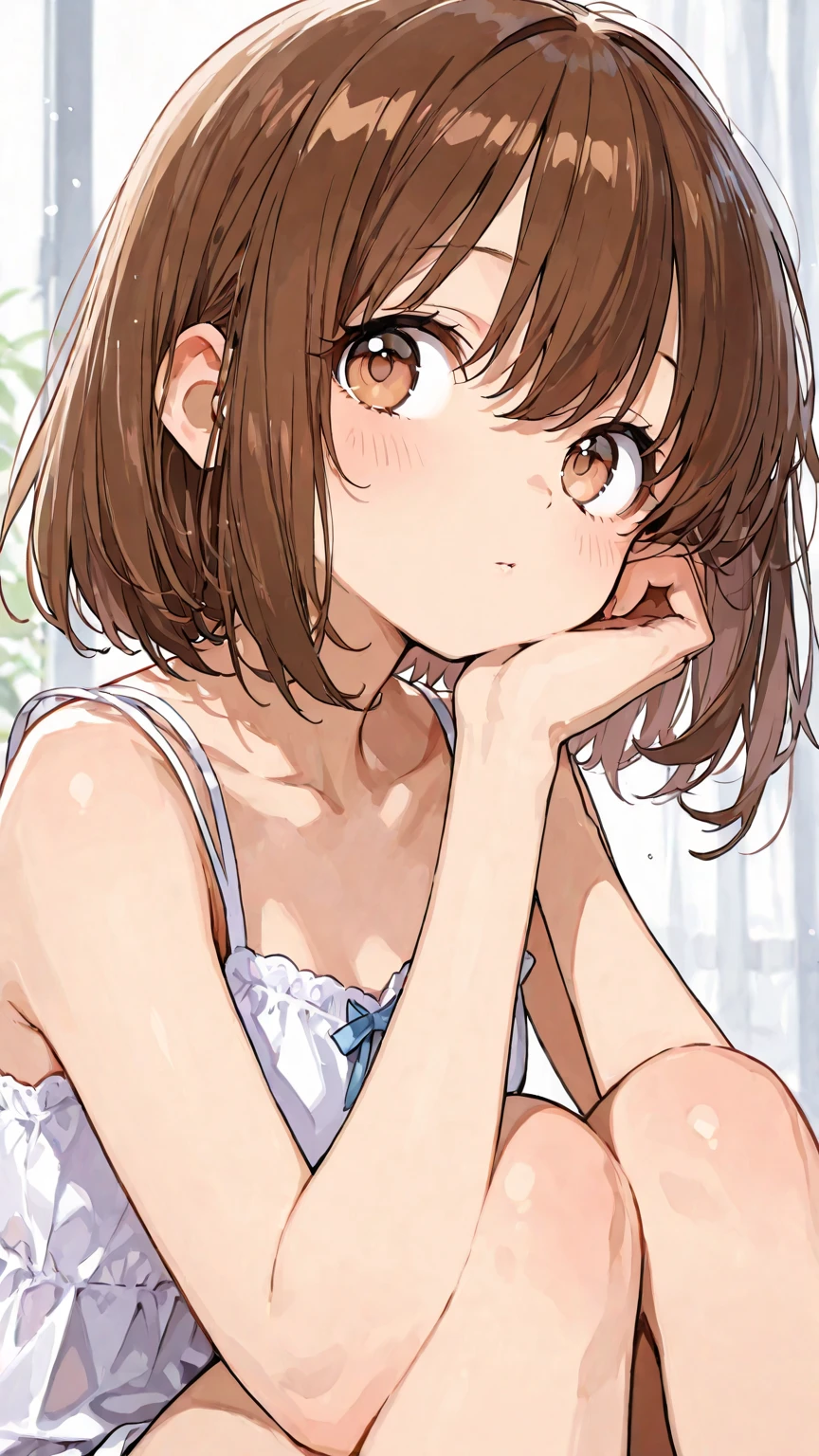 (((masterpiece, best quality, ultra highres, 1 girl, solo, no background))), super detailed skin and face and eyes and finger, beautiful japanese woman, small breasts:1.5, skinny, light brown hair, white background, very short curly pixie hair, (an illustration of girl), Knee shot, Generate with illustrations, Various expressions, Various poses, Please draw the entire character within the frame, ensuring that the head, arms, and legs are not cut off. The background should be simple, with the character positioned centrally, outline, anime, underwear, sitting,