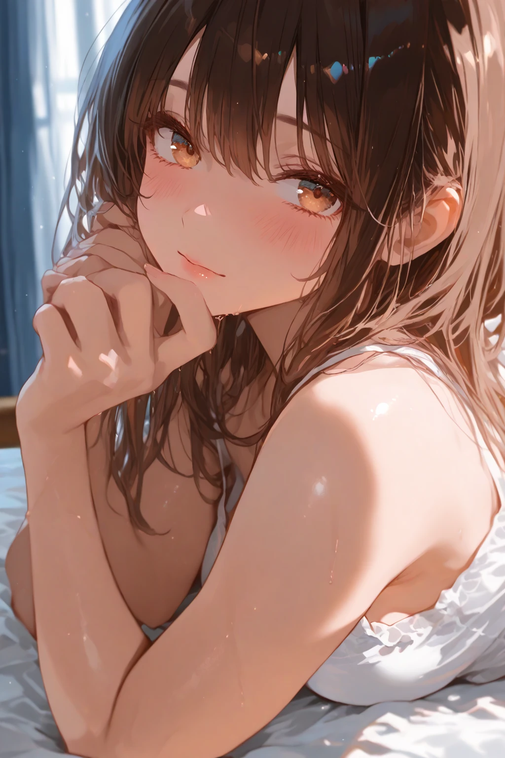 (highest quality,4K,High resolution,masterpiece:1.2),Japanese women,Cowgirl,Portraiture,Vibrant colors,Bright lighting、Bright room、slender、(Small Breasts 1:6)、Blushing、Wearing a white knit