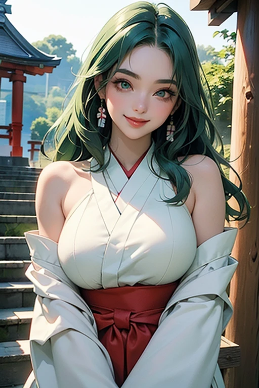 photorealistic, high resolution, 1women, solo, hips up, look at viewer, (detailed face), yamato_5000, white hair, green hair, gradient hair, rainbow horns, wanostyle, kimono, huge breasts, tattoo