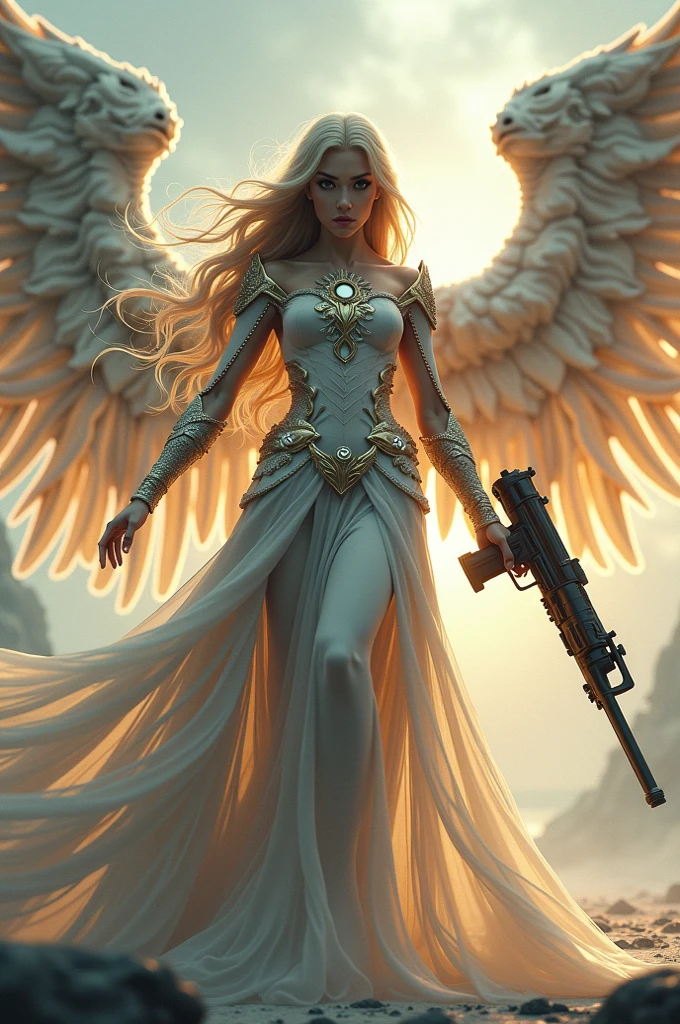 ruined city, beautiful busty cyberpunk angel woman, highly detailed, intricate, cinematic lighting, volumetric lighting, dramatic shadows, realistic skin, long braided blonde hair, azure eyes, white and gold leather revealing dress, hyper detailed face, delicate facial features, elegant pose, flowing angelic dress, detailed feathered wings, gritty dystopian environment, debris and rubble, moody dark color palette, chiaroscuro lighting, photorealistic, 8K