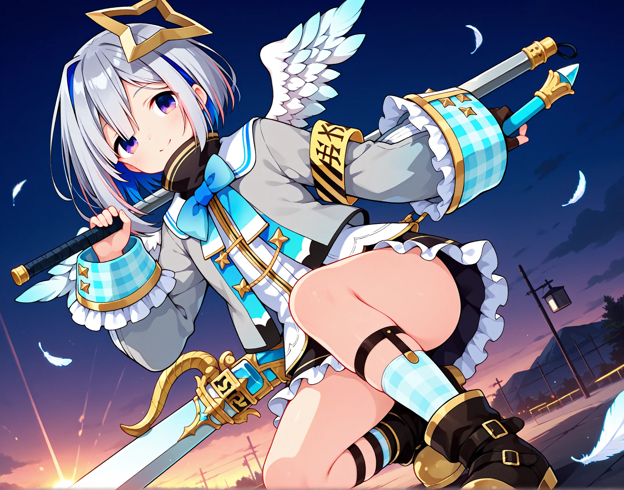 best best quality, masterpiece, android, crosseyed, multicolored hair, partially fingerless black gloves, grey hair, mini wings, angel wings, blue hair, white jacket, ahoge, round eyes, blush, single hair intake, hair ornament, colored inner hair, single blue thighhigh, white sneakers, purple eyes, hairclip, single sock, bike shorts, wide hips, ass, short hair, asymmetrical legwear, single black kneehigh, streaked hair, long sleeves, closed mouth, open jacket, standing, star necklace, necklace,  asymmetrical bangs, uneven legwear, puffy long sleeves, smile, hooded jacket, blue belt, (starry sky)