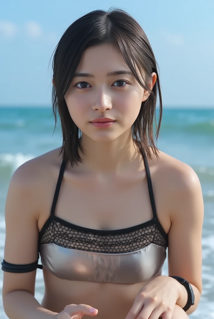 masterpiece, Highest quality, Unreal Engine, Super Resolution, Very detailed, Complex, colorful, Clear images, Sharp focus, Digital Blending,
One beautiful woman, One Japan actress, ashidamana, Perfect Eyes, Perfect Face, Ultra detailed hair, Ultra detailed face, Very detailed lips,Vivid expression, Healthy Body, Detailed sweat glands of beautiful and cute real Asian mix, Smooth skin texture, Carefully drawn,
(humidity:1.2), Beautiful Eyes, (Attractive face:1.2), (Beautiful Skin), (Big Breasts), (Super glossy wetsuit), Puffy nipples, Tight waist, Sticky with sweat, (Oily skin), oily suit, In a dynamic pose,
Studio Photo, Outdoor, At the Beach, cowboy shot,