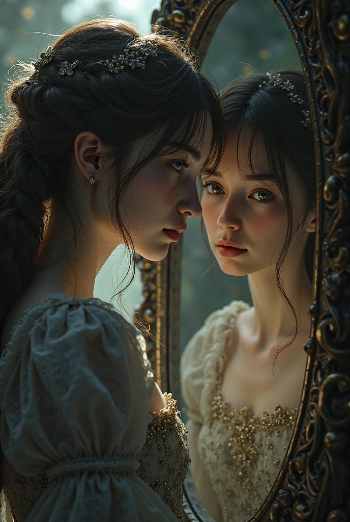 (best quality,4k,8k,highres,masterpiece:1.2),ultra-detailed,(realistic,photorealistic,photo-realistic:1.37),victorian romance,victorian era fashion,couple kissing,man holding woman's chin,1 boy with short black hair,1 girl with long blonde curly hair,soft focus,opulent and elegant atmosphere,warm lighting
