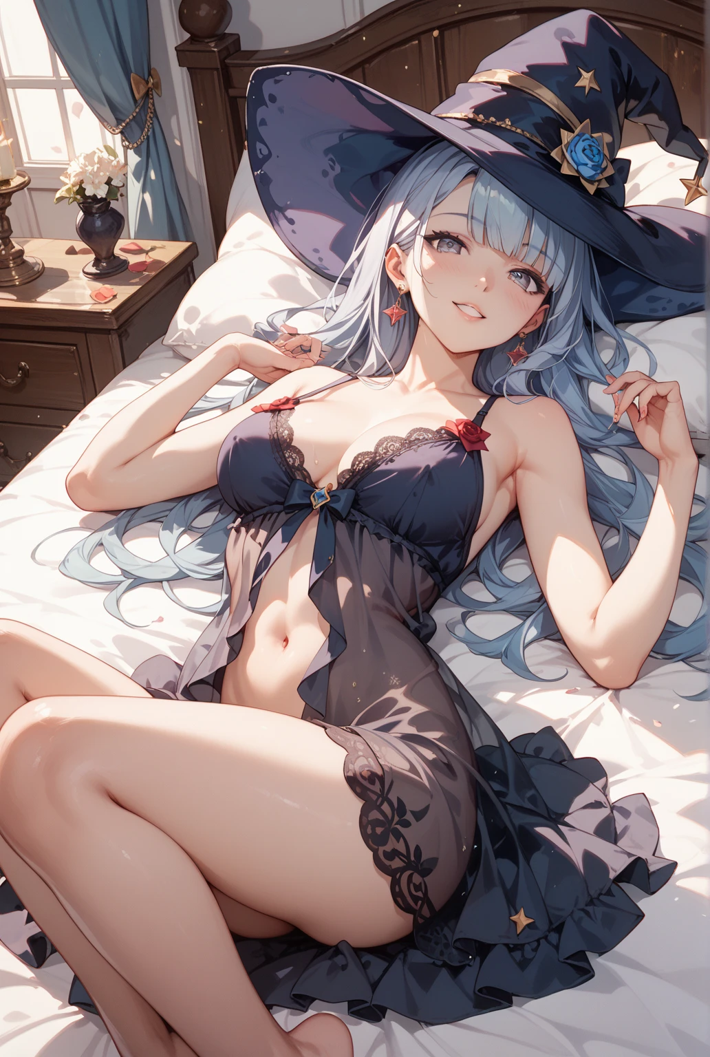 realisitic、top-quality、(One woman:1.5)、bared chest , Long hair, Gentle, Blushing, Witch, Blue hair, lying on the bed, Cute、medium chest、witch hat、witch costume