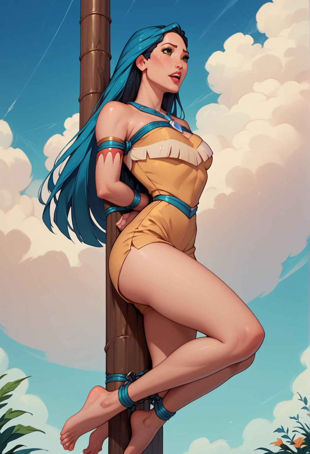 masterpiece, best quality, sunnification, 1girl, short, curvy, thighs, flat chest, joints, high heels, standing, outdoor, blue sky, sun, sunlight, beach, full body, doll, revealing clothes, big head, 1girl, solo, breasts, curvy, wide hips, narrow waist, joints, doll joints, cleavage, bursting breasts, huge breasts, lips, 1girl, Himemushi Momoyo, patterned clothing, black shirt, green ring, orange ribbon, orange bow, black skirt, midriff, full body, high heels, thighhighs, long legs,