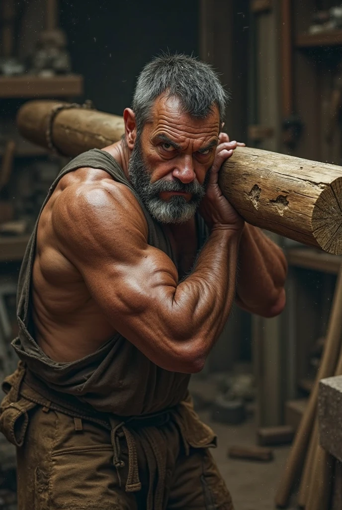 50 year old fit man shirtless big pecs tied up to wall, hands over head, very hairy chest, mustache