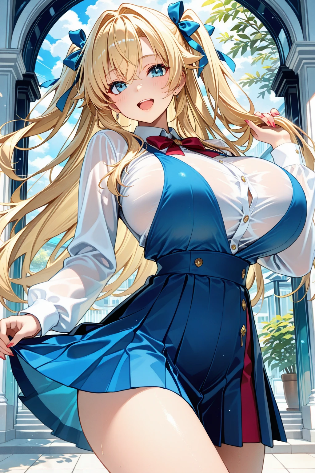 (masterpiece:1.2), (highest quality:1.2),, Curvy but slender body, perfect eyes, perfect face, perfect lighting, 1 girl, on the bed, long hair, curly hair, fine clothes, detailed outdoor background, compensate, eye shadow, thick eyelashes, fantasy, whole body，alice in wonderland、blue sky、Bright and beautiful face、young shiny glossy white shiny skin、the best beauty、the most beautiful bright blonde hair in the world、thin hair、super long straight hair、Shining beautiful bangs、Shining crystal clear big blue eyes、Very beautiful lovely 17 year old most beautiful girl in the world、big and full breasts、((she shows panties、lift the skirt、I&#39;m seducing you))