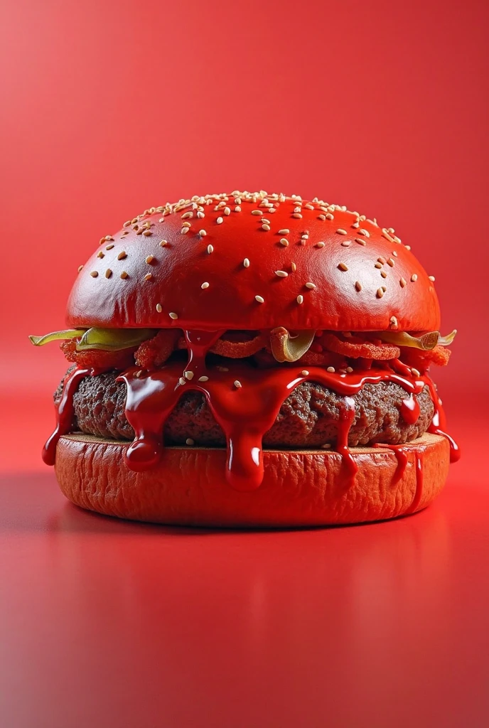 Realistic burger with demonic vibe and red bun