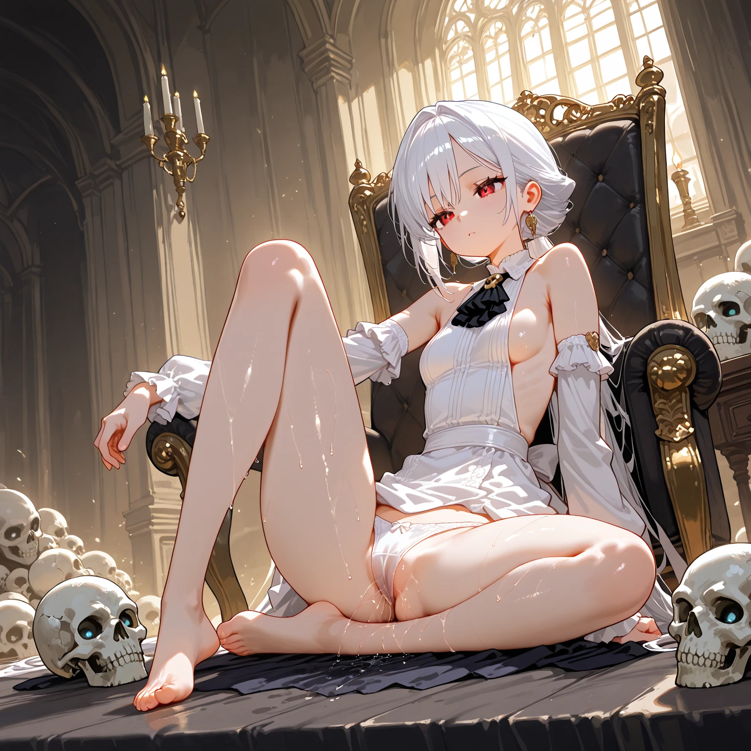 terroral, naked bandage, 1girl, bandages, solo, breasts, coffin, lying_on_back, detached sleeves, full body, closed eyes, navel, sleeves past wrists, hair over one eye, barefoot, bandaged head, bare shoulders, ass visible through thighs,
 <lora:TerrorHalloweenV1:1>,