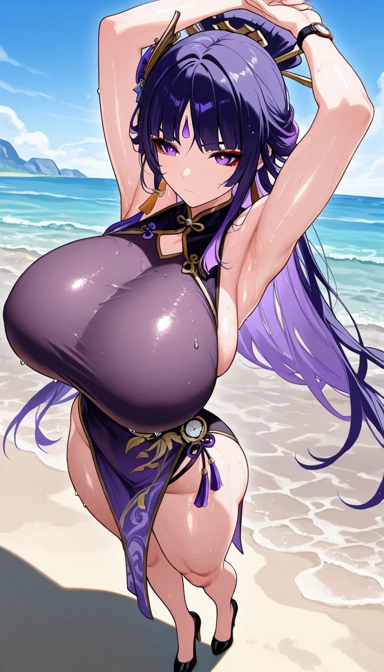 ,Open mouth,big breasts,wide hips,,,purple hair,blush,,smile,,outdoor,milf,from front,beach,purple bikini,beach,sunlight,,choker,armlet,blue sky,open arms,water,ocean,anime,masterpiece,best quality,ultra detailed,,make-up,rouge,mascara,close up,face focus,tall,chubby milf,wide hip,,full body,narrow waist,stomach,navel