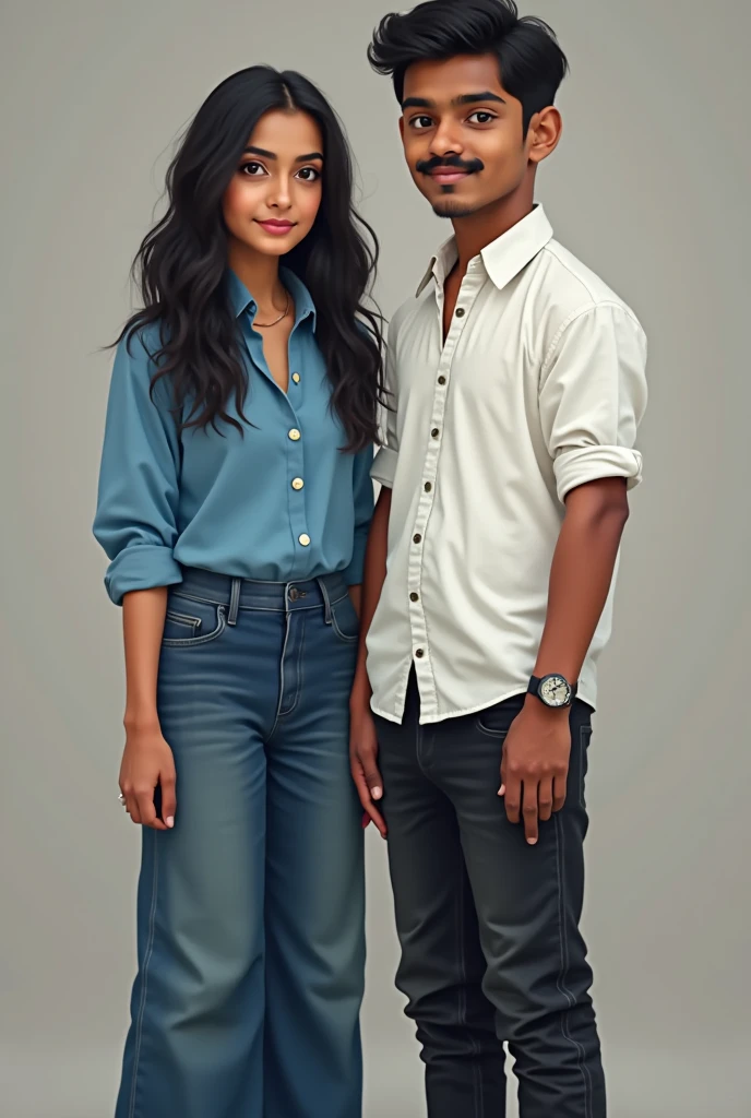 an Indonesian man and an Indonesian woman standing next to each other, an image, inspired by Adam Dario Keel, which is trending in the cg community, a handsome young Indonesian man with a beautiful young Indonesian woman with wavy hair, a man dressed in a shirt with shoes and a woman dressed in a blouse and skinny jeans and heels. singer, movie screencap, model elisajes from acquamodels