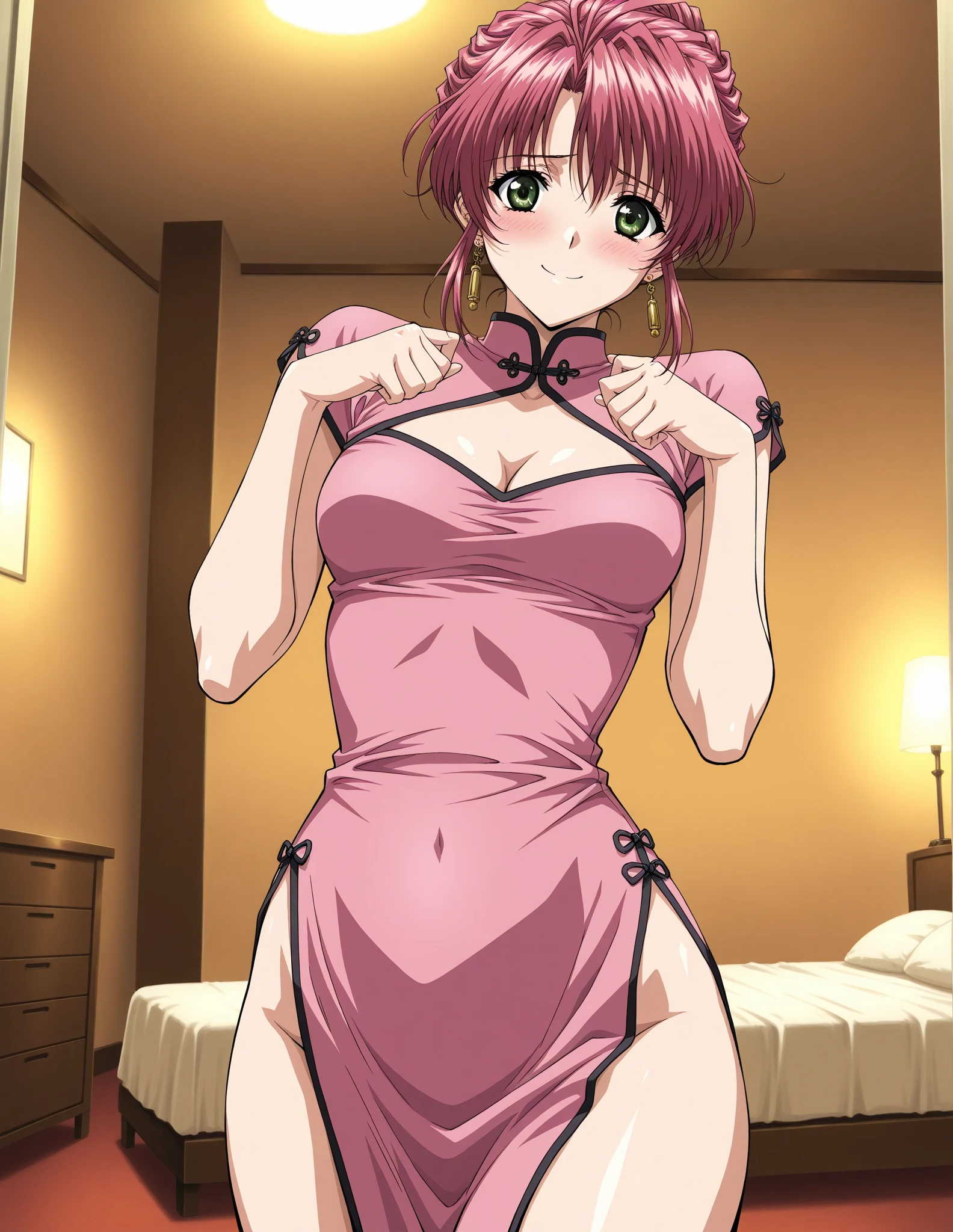 anime_still, masterpiece, best quality, sexy, 1girl, Gasai Yuno,(large breasts:1.5), nipples, solo, nude, as Gasai Yuno Sits in her kill room she stays blankly act a painting of her lover, she is wearing a black choker and black thigh highs and behind her there is a small table with a blood stained knife and a apron made of human skin, ((kill room)), ((blood)), ((psycho)),evil smile,dark and for Bodine atmosphere, she is hunting you, yuno gasai, long hair, pink eyes, pink hair, low twintails,