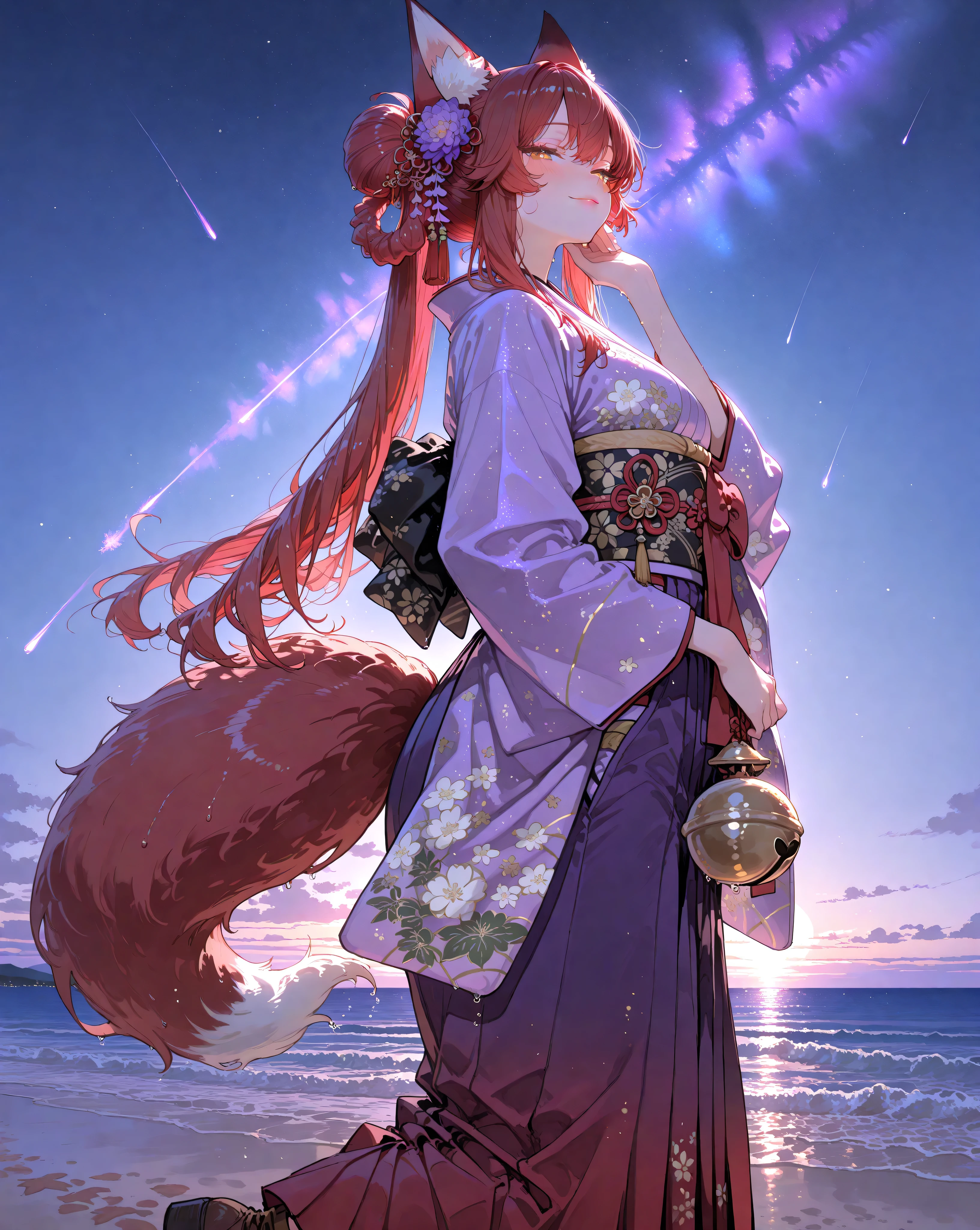 masterpiece,best_quality,good_quality,high_resolution,highly_detailed,newest,absurdres,
microphotography,
from_below,upper_body:1.2,
1girl,beautiful_woman,fox_girl,dark_red_tail,
standing, graceful_pose,
silhouette, blended_background,
looking_at_viewer,
blush, seductive_smile, porcelain_skin, hyper_detailed_face, hyper_detailed_eyes, golden_eyes, individual_eyelashes, thick_lips, detailed_pupils,
curvy, biologically_correct, realistic_hands, perfect_hands
dark_red_hair, outer_hair_dark_red, inner_hair_light_red flowing_hair, silky_hair,
yasha_maki_hairstyle, stray_hair, hair_framing_face,
kanzashi, kogai, tama_kanzashi, bira_kanzashi, floral_hair_ornament, small_floral_ornament, glistening_ornament, ornate_hair_ornaments, double_buns,
kimono, hakama, fitted_clothing,
lavender_kimono, long_sleeves, floral_embroidery,
deep_purple_hakama, wide_pleats, bell_bottoms, ankle_cut_hem,
deep_purple_obi, gold_pattern, obi_with_hakama,
brown_ankle_boots,
textured_fabric, intricate_embroidery,
(black_sand_beach), (wet_sand, starlit_sand), (fine_sand), (shoreline), (sand_texture), (soft_sand):, (loose_sand),
(bioluminescent_waves, crashing_waves),
(shimmering, starlight, ocean, horizon),
(night_sky, starry_sky, shooting_star, meteor_shower, celestial,
(dreamlike_background, layered_background),
(cinematic_lighting, volumetric_lighting, dramatic_lighting, dynamic_lighting, light_and_shadow, rim_lighting),
(soft_glow, iridescent, glowing_particles),