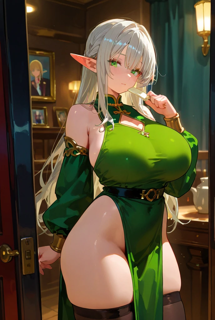 Cute girl,Girl elf ,White hair ,Beautiful green eyes , adult girl,full body, sexy body, sexy, sex,